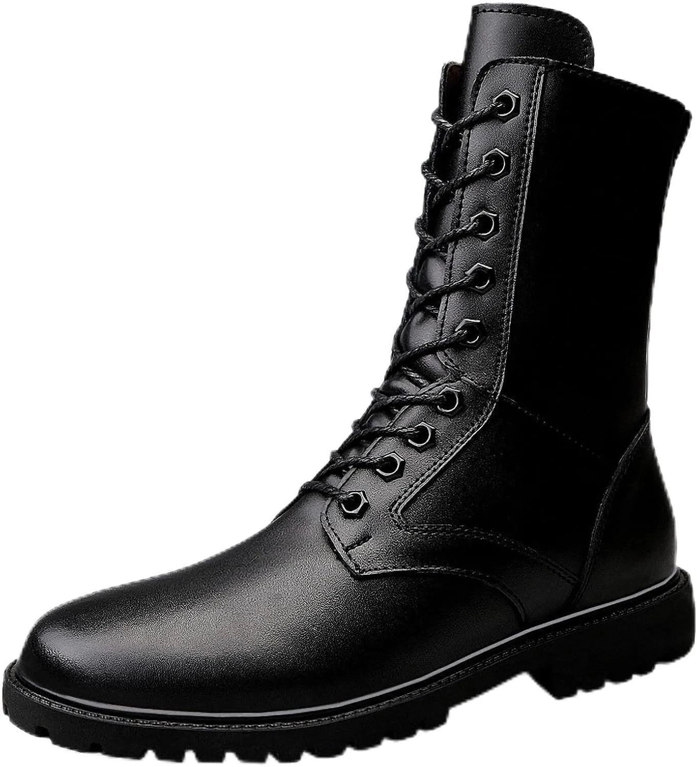 Mens Black High-Top Cowhide Motorcycle Army Military Tactical Combat Boots Flat-Soled Round-Toe Leather Outdoor Hunting Warm Non-Slip Hiking Mid-Calf Shoes Lace-Up Zipper Waterproof Puncture-Resistant