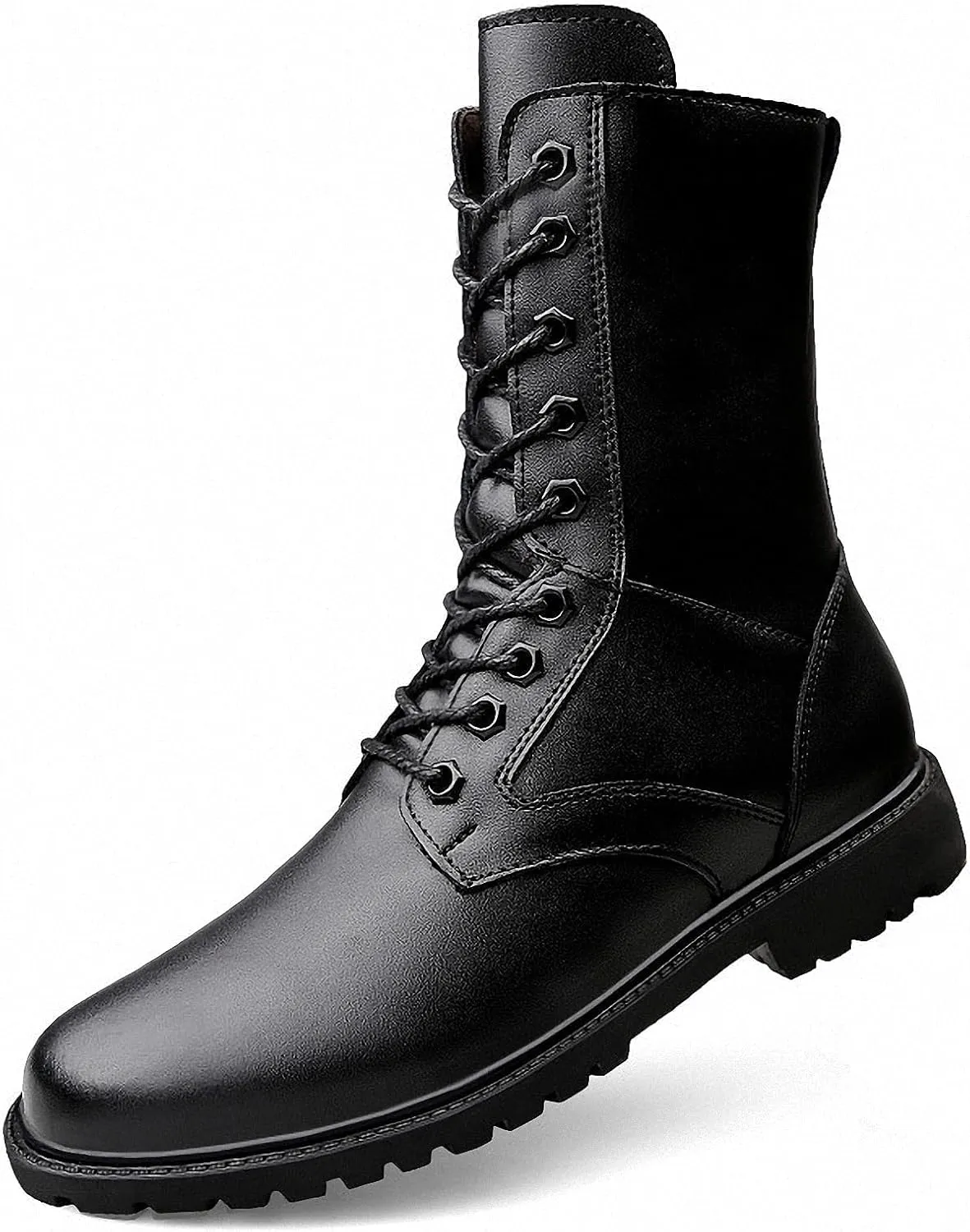 Mens Black High-Top Cowhide Motorcycle Army Military Tactical Combat Boots Flat-Soled Round-Toe Leather Outdoor Hunting Warm Non-Slip Hiking Mid-Calf Shoes Lace-Up Zipper Waterproof Puncture-Resistant