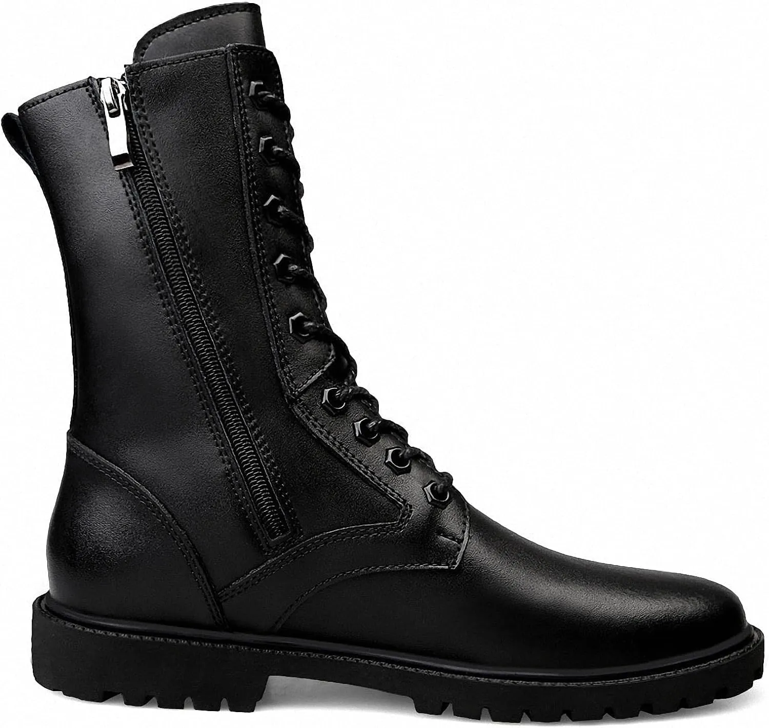 Mens Black High-Top Cowhide Motorcycle Army Military Tactical Combat Boots Flat-Soled Round-Toe Leather Outdoor Hunting Warm Non-Slip Hiking Mid-Calf Shoes Lace-Up Zipper Waterproof Puncture-Resistant