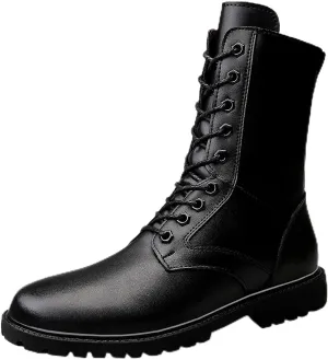 Mens Black High-Top Cowhide Motorcycle Army Military Tactical Combat Boots Flat-Soled Round-Toe Leather Outdoor Hunting Warm Non-Slip Hiking Mid-Calf Shoes Lace-Up Zipper Waterproof Puncture-Resistant