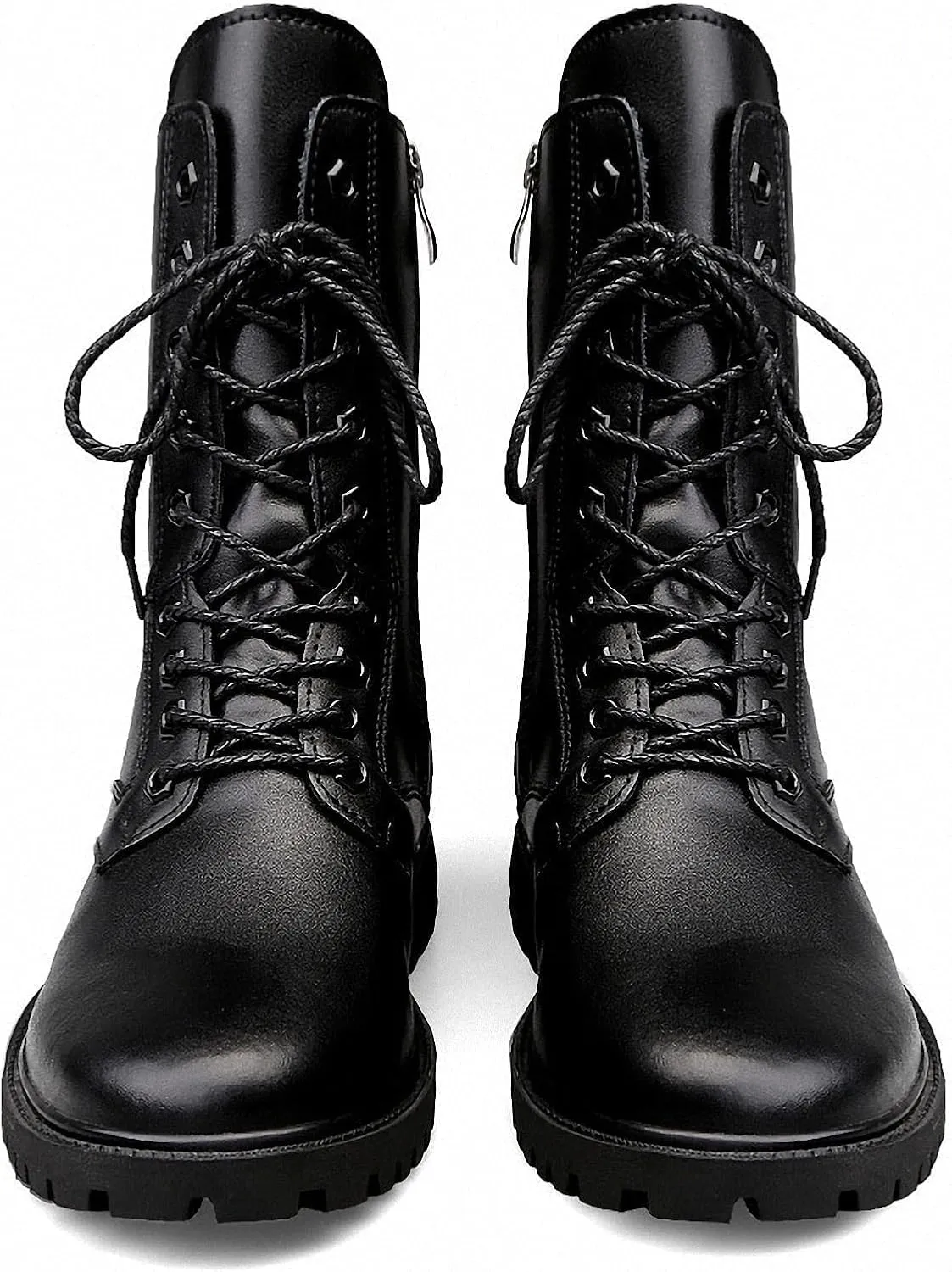 Mens Black High-Top Cowhide Motorcycle Army Military Tactical Combat Boots Flat-Soled Round-Toe Leather Outdoor Hunting Warm Non-Slip Hiking Mid-Calf Shoes Lace-Up Zipper Waterproof Puncture-Resistant