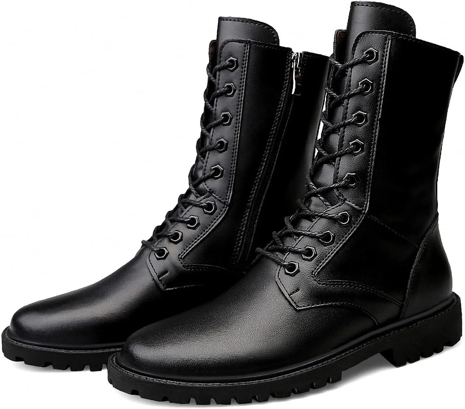 Mens Black High-Top Cowhide Motorcycle Army Military Tactical Combat Boots Flat-Soled Round-Toe Leather Outdoor Hunting Warm Non-Slip Hiking Mid-Calf Shoes Lace-Up Zipper Waterproof Puncture-Resistant