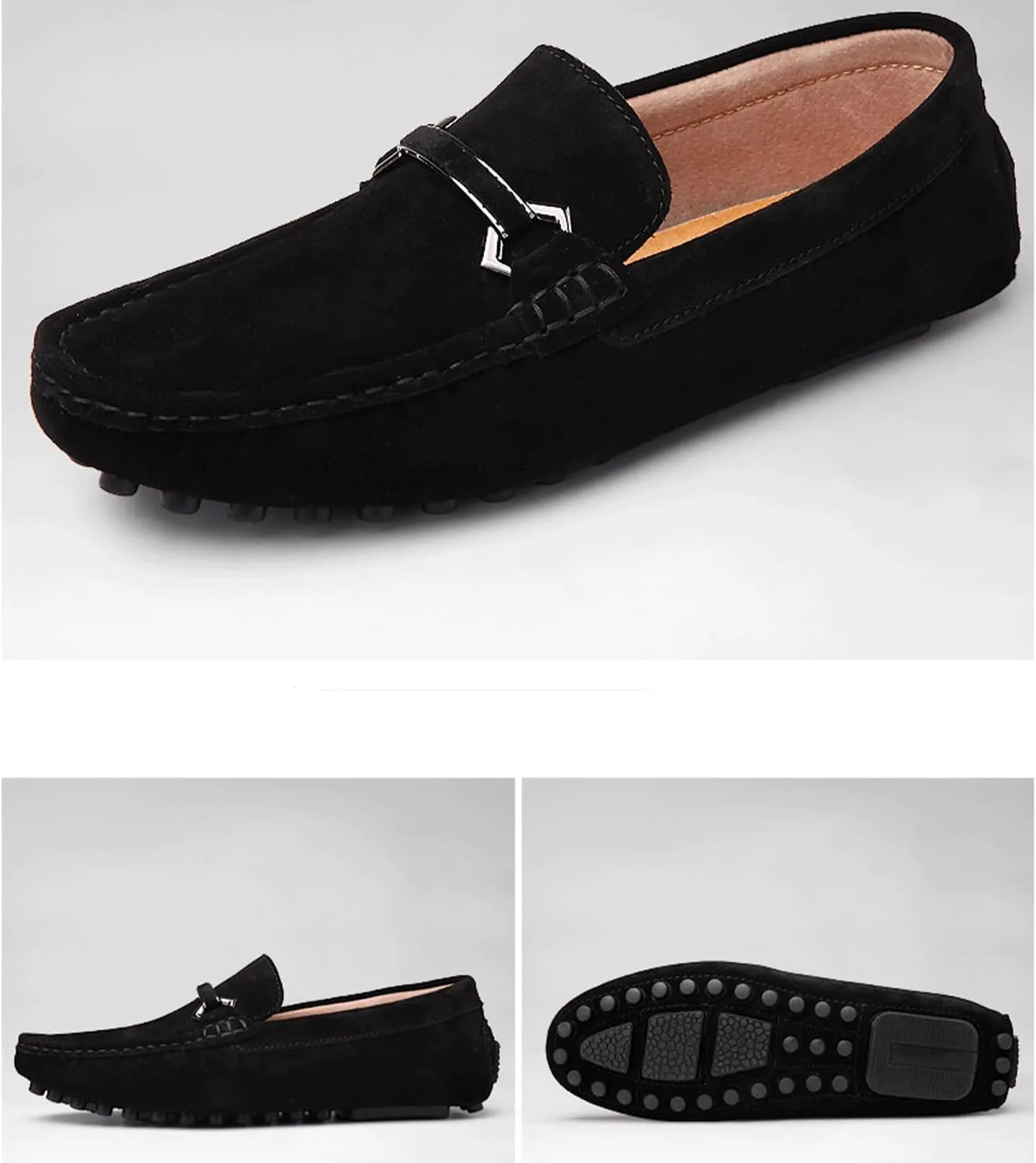 Mens Driving Penny Loafers Suede Moccasins with Metal Buckle Elegant Slip On Casual Boat Shoes