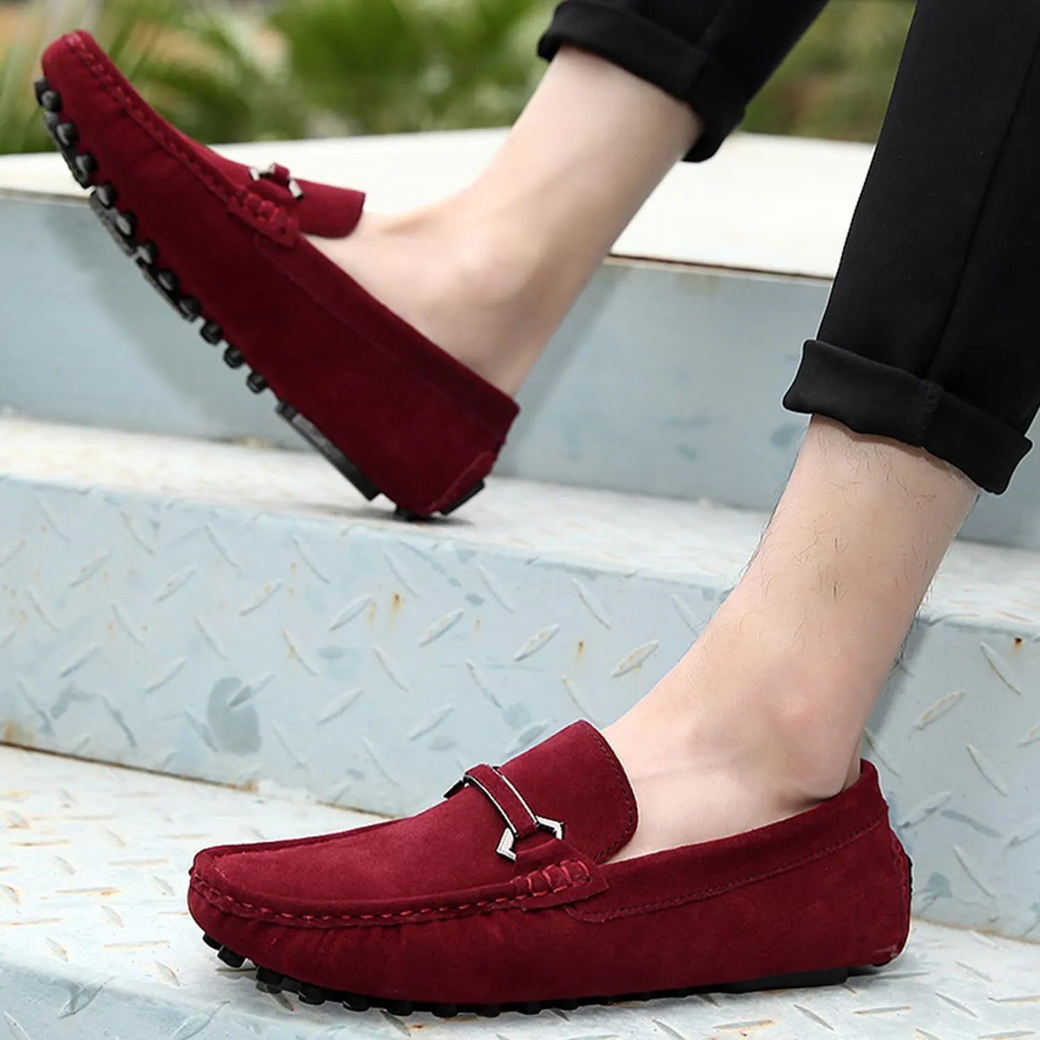Mens Driving Penny Loafers Suede Moccasins with Metal Buckle Elegant Slip On Casual Boat Shoes