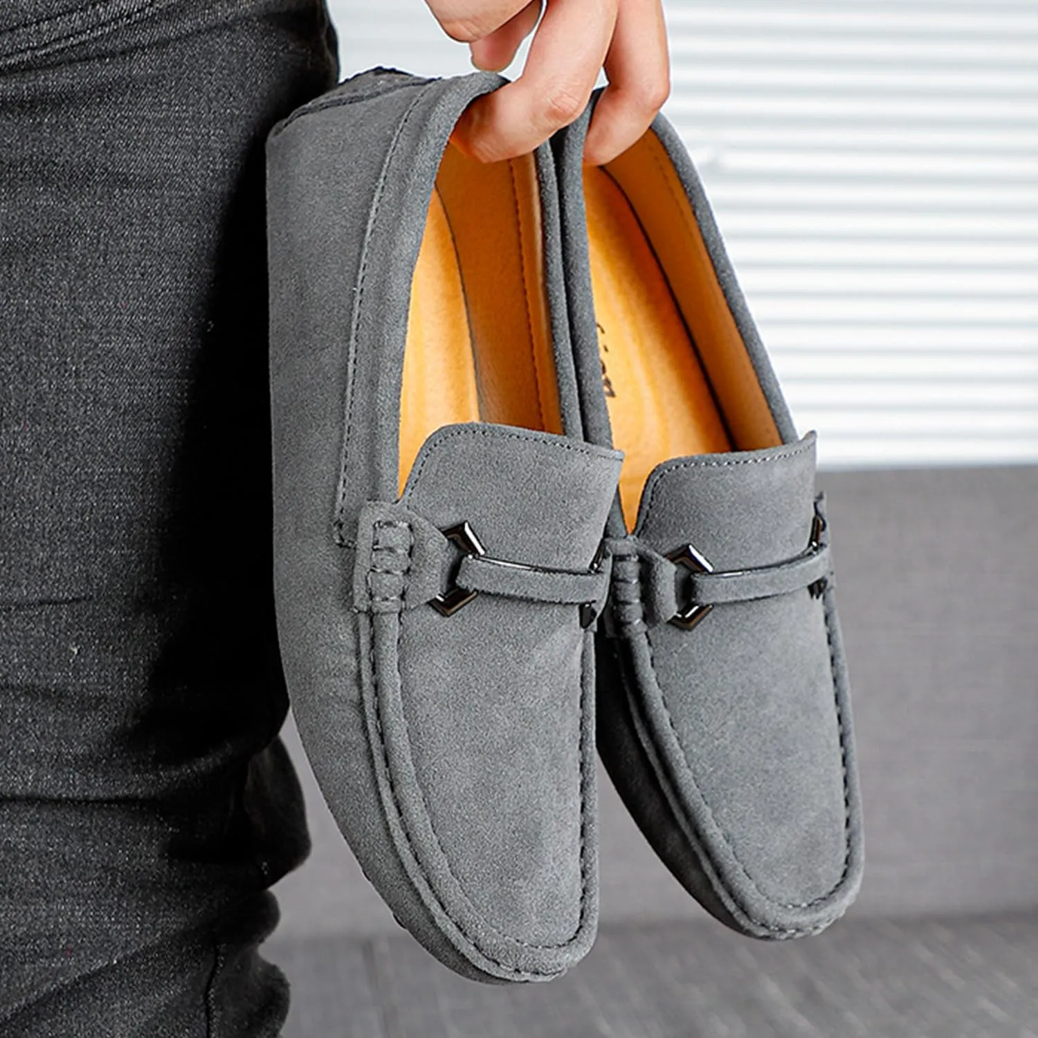 Mens Driving Penny Loafers Suede Moccasins with Metal Buckle Elegant Slip On Casual Boat Shoes