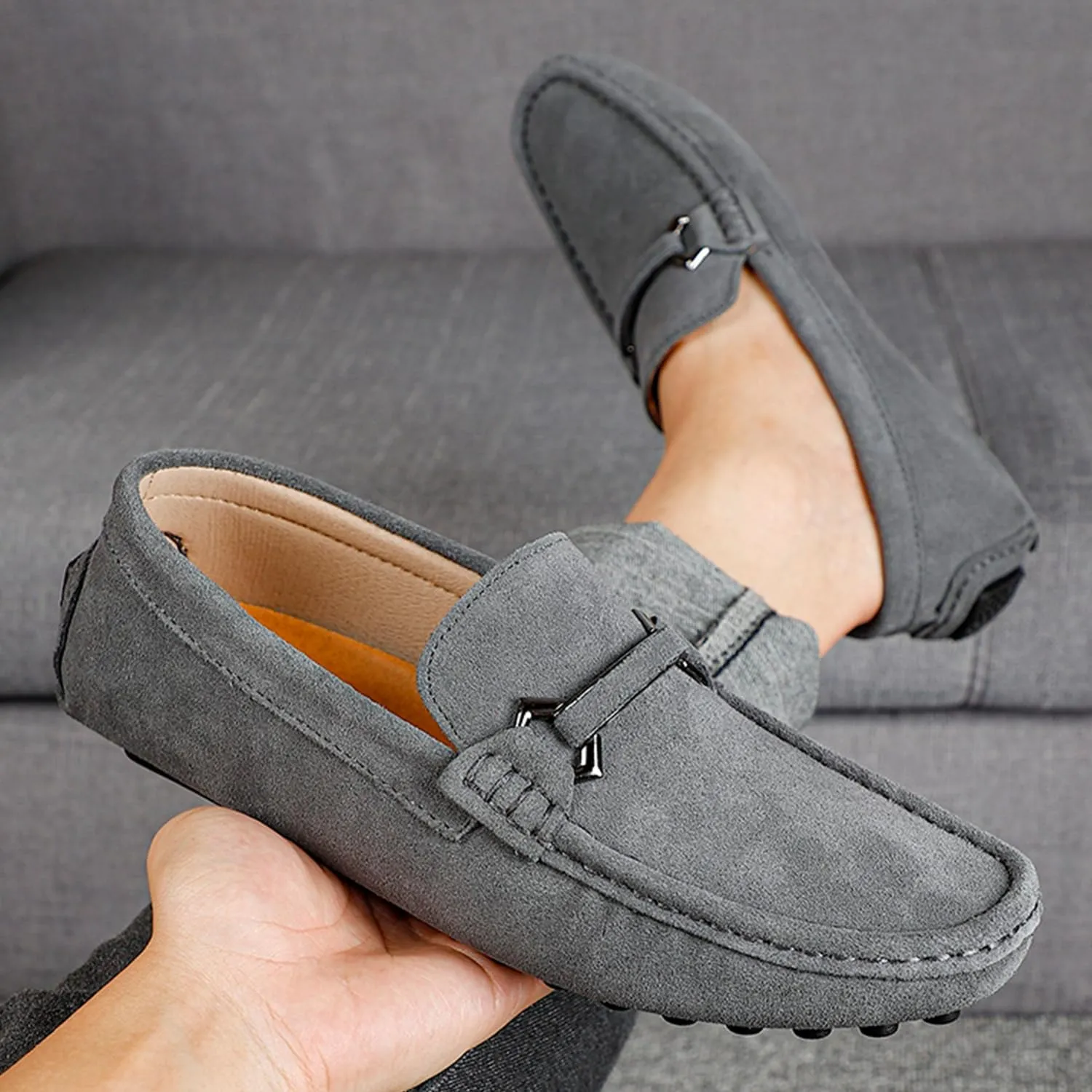 Mens Driving Penny Loafers Suede Moccasins with Metal Buckle Elegant Slip On Casual Boat Shoes