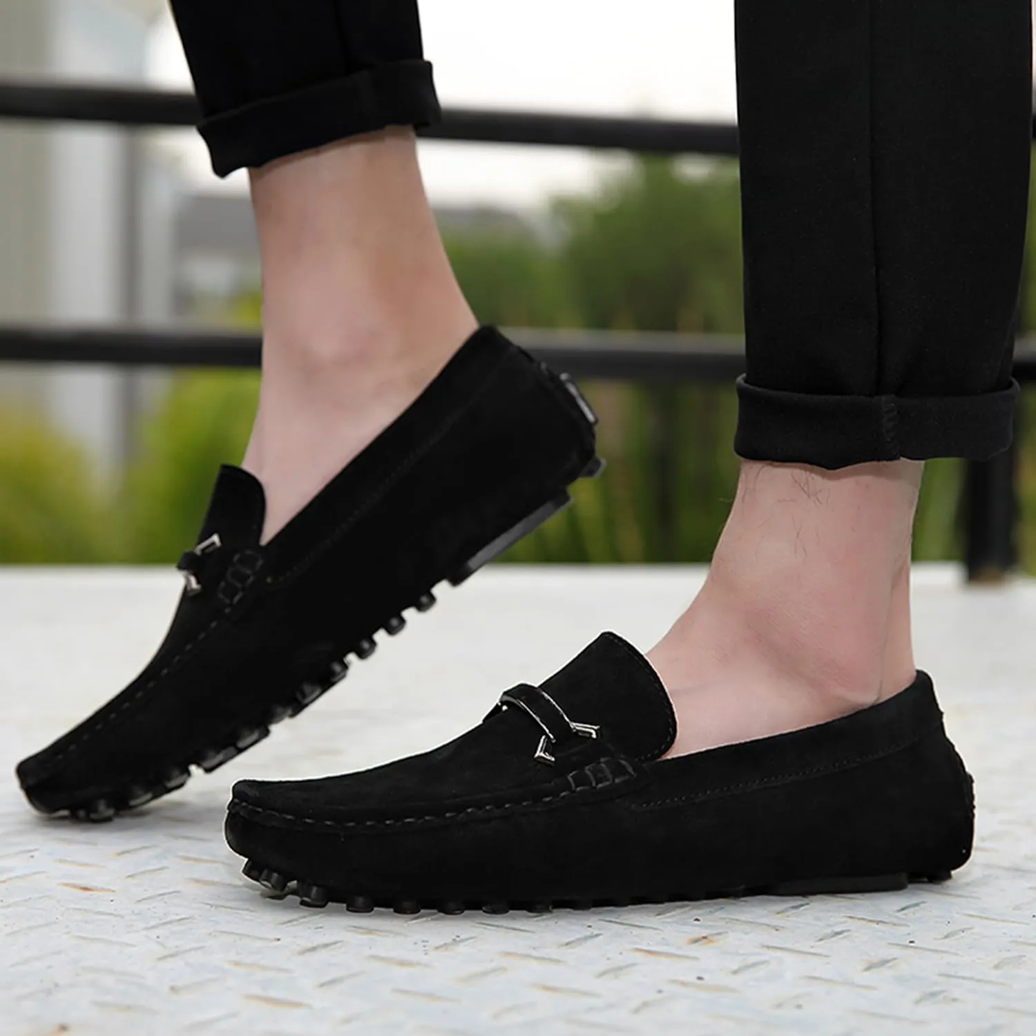 Mens Driving Penny Loafers Suede Moccasins with Metal Buckle Elegant Slip On Casual Boat Shoes