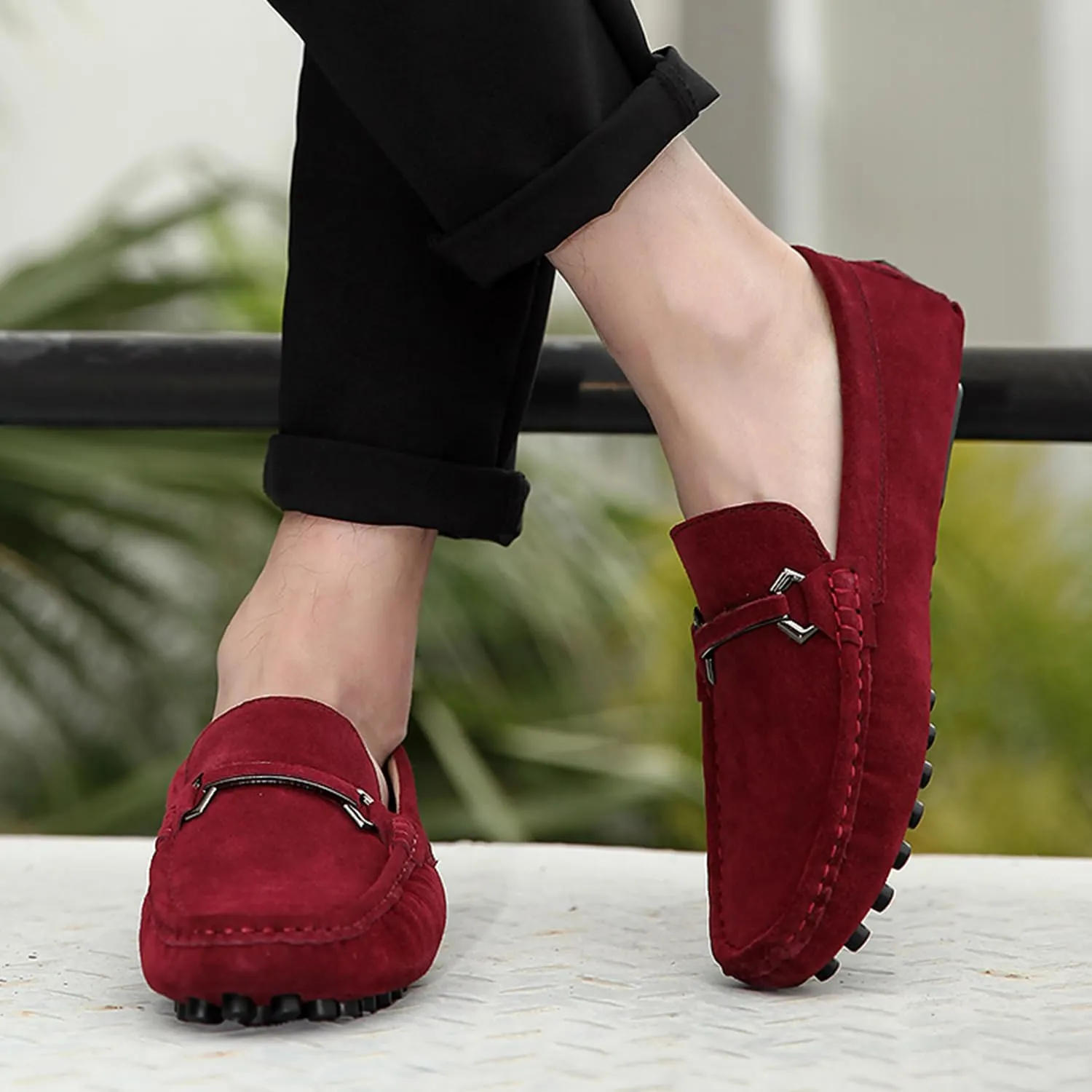 Mens Driving Penny Loafers Suede Moccasins with Metal Buckle Elegant Slip On Casual Boat Shoes