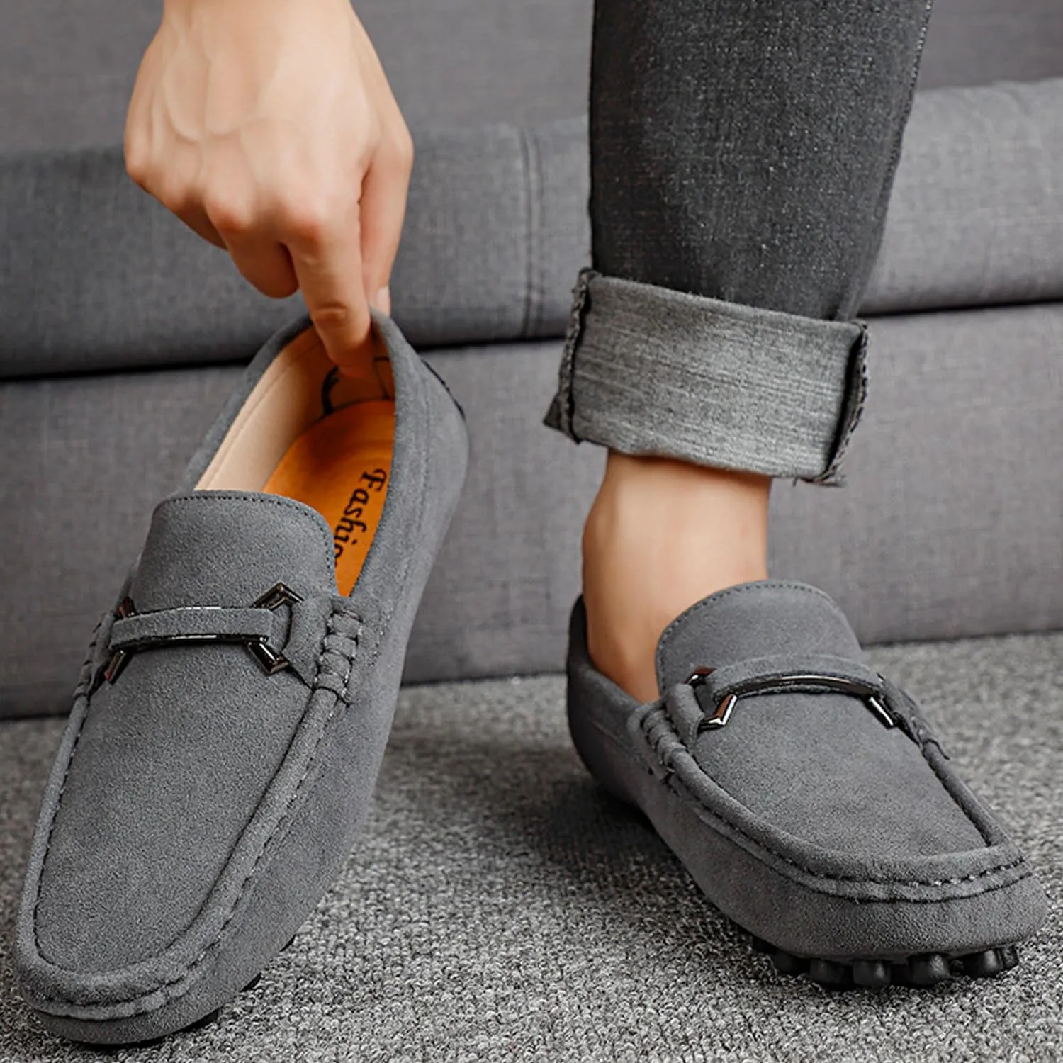 Mens Driving Penny Loafers Suede Moccasins with Metal Buckle Elegant Slip On Casual Boat Shoes