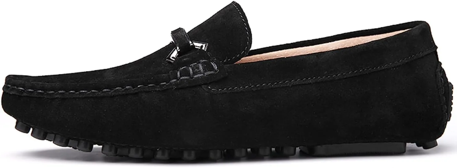 Mens Driving Penny Loafers Suede Moccasins with Metal Buckle Elegant Slip On Casual Boat Shoes