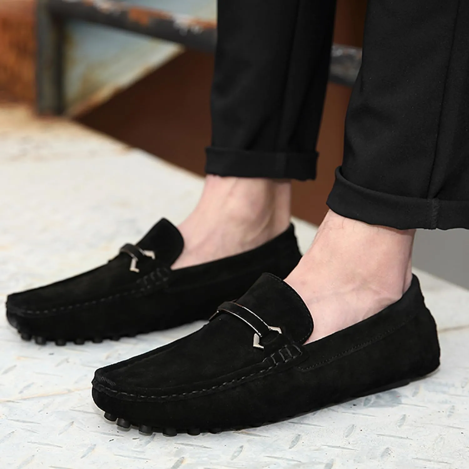 Mens Driving Penny Loafers Suede Moccasins with Metal Buckle Elegant Slip On Casual Boat Shoes