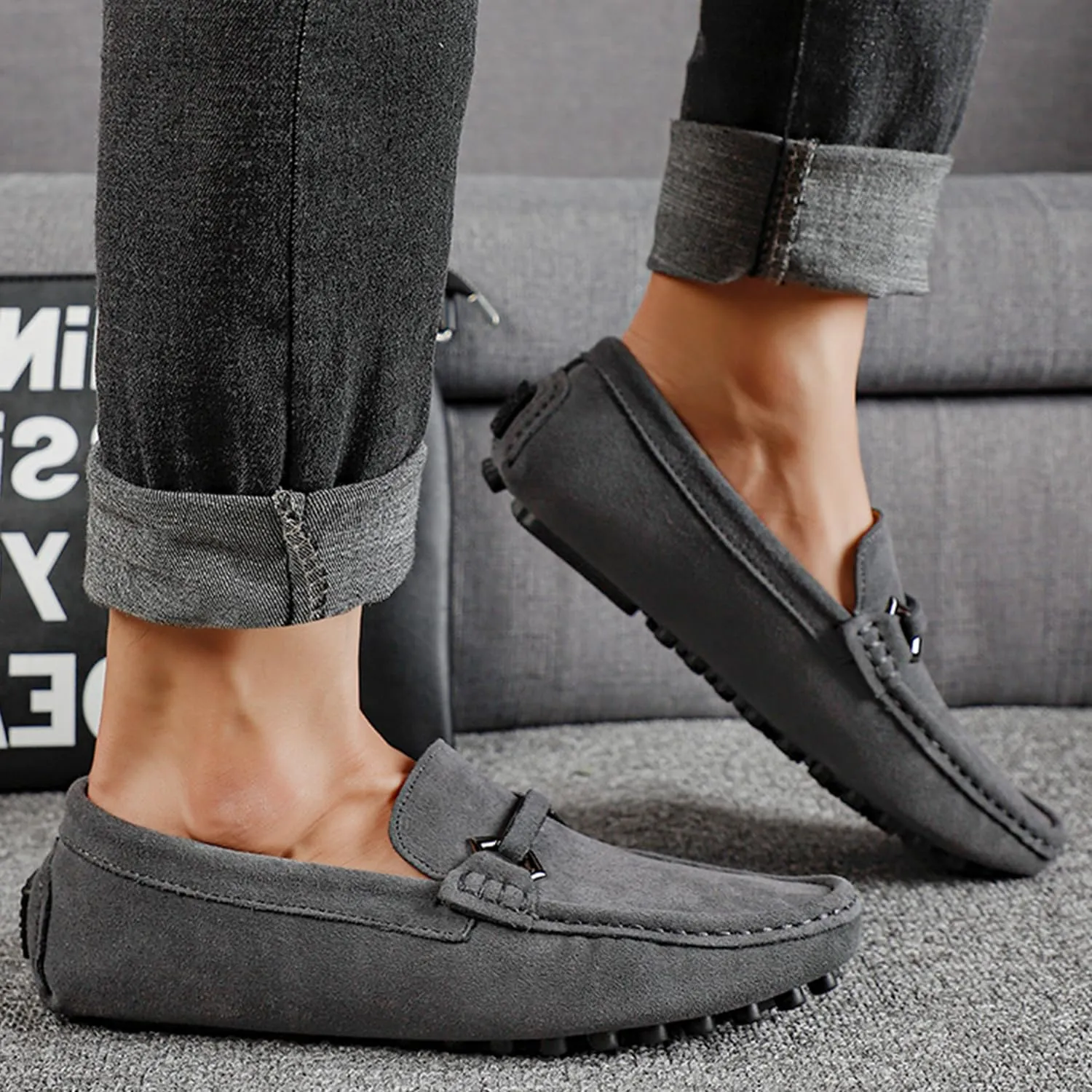 Mens Driving Penny Loafers Suede Moccasins with Metal Buckle Elegant Slip On Casual Boat Shoes