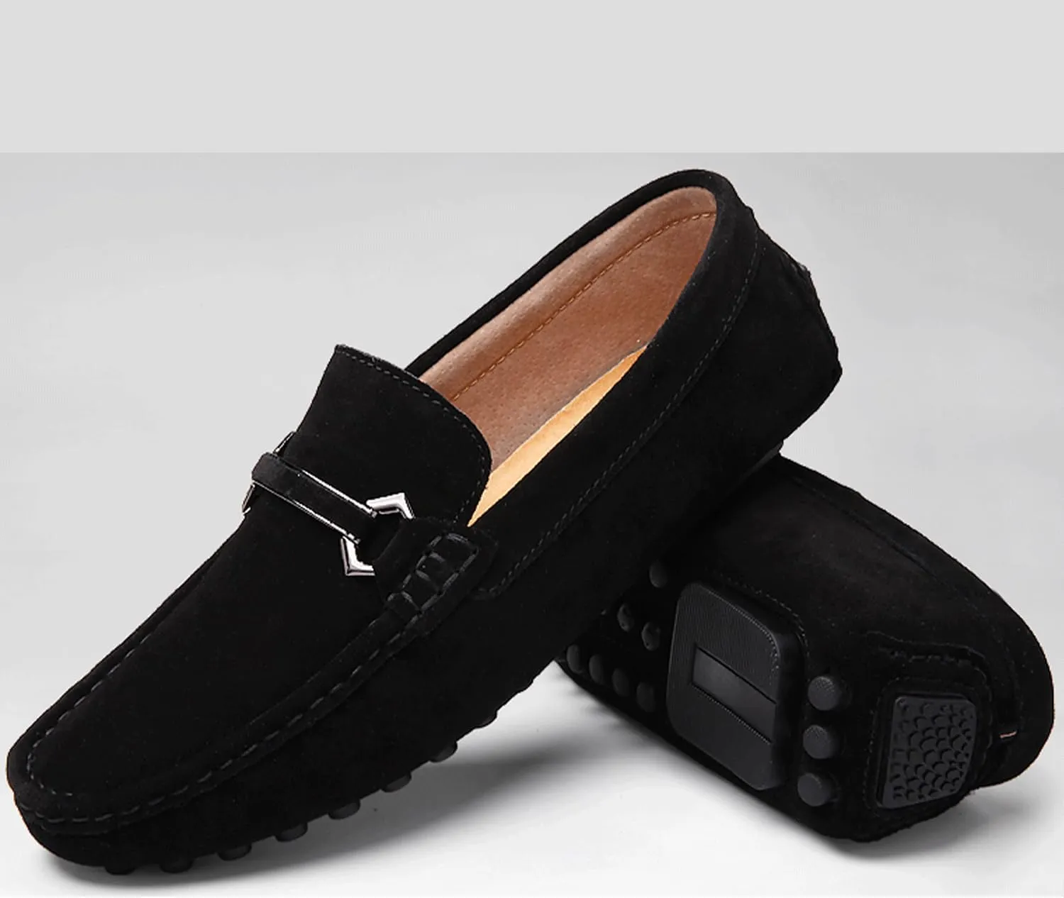 Mens Driving Penny Loafers Suede Moccasins with Metal Buckle Elegant Slip On Casual Boat Shoes