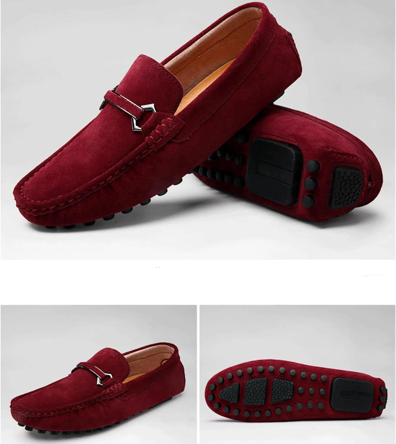 Mens Driving Penny Loafers Suede Moccasins with Metal Buckle Elegant Slip On Casual Boat Shoes