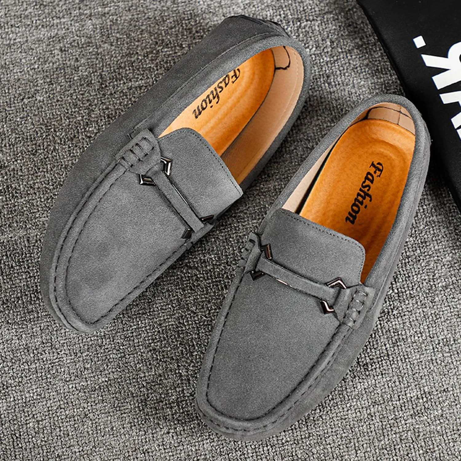 Mens Driving Penny Loafers Suede Moccasins with Metal Buckle Elegant Slip On Casual Boat Shoes