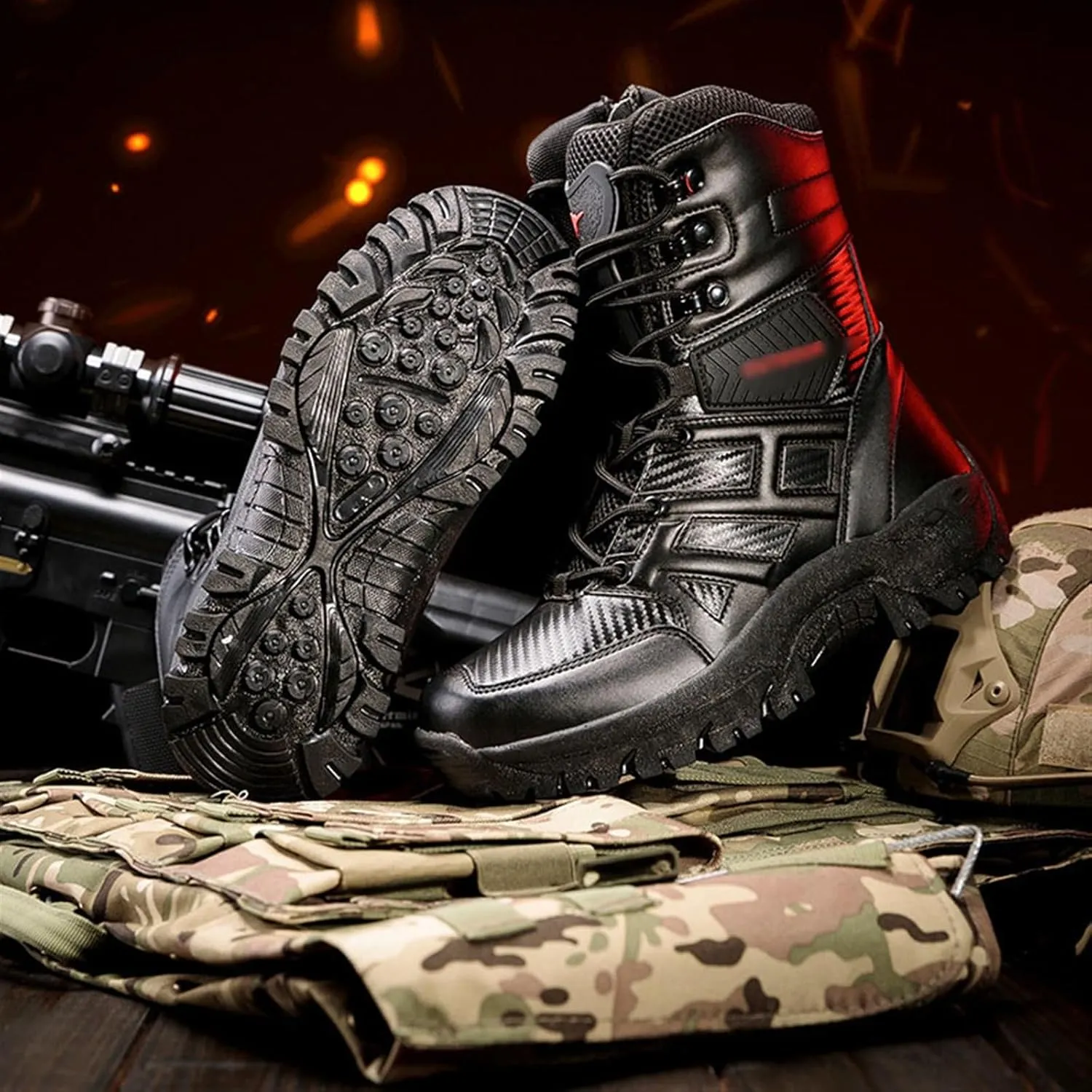Men's Hiking Boots Military, Mens Outdoor Lace Up Breathable High Top Side Zipper Tactical Boots, Non Slip Plus Size Paste Bring Hiking Boots, for Outdoor Athletic Cold Weather