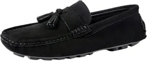 Mens Loafers Shoe Genuine Leather Tassel Stitching Details Round Toe Suede Vamp Lightweight Flat Heel Comfortable Walking Slip-on