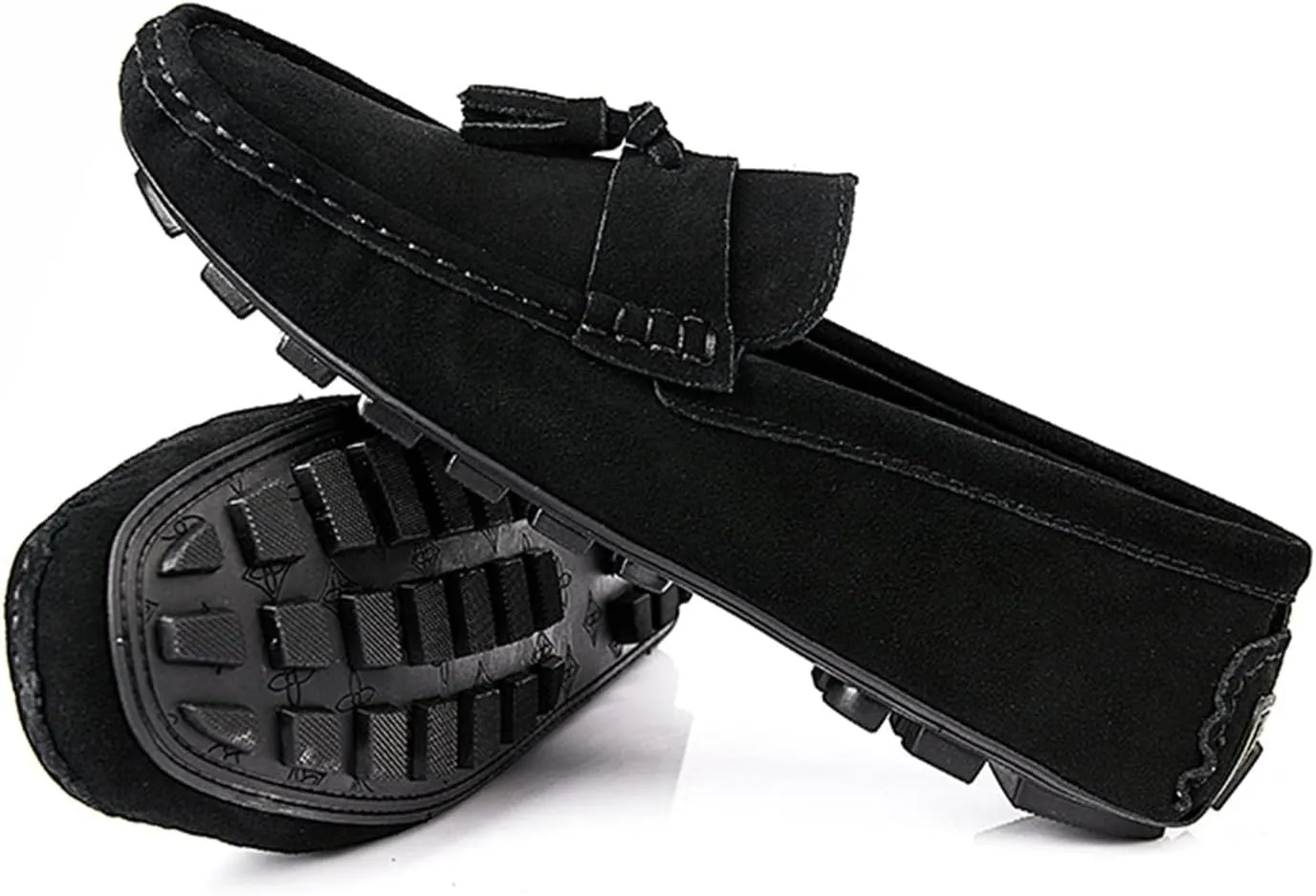 Mens Loafers Shoe Genuine Leather Tassel Stitching Details Round Toe Suede Vamp Lightweight Flat Heel Comfortable Walking Slip-on