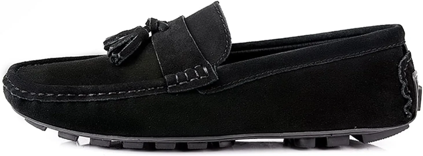 Mens Loafers Shoe Genuine Leather Tassel Stitching Details Round Toe Suede Vamp Lightweight Flat Heel Comfortable Walking Slip-on