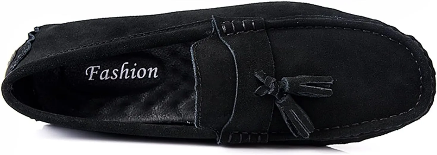 Mens Loafers Shoe Genuine Leather Tassel Stitching Details Round Toe Suede Vamp Lightweight Flat Heel Comfortable Walking Slip-on