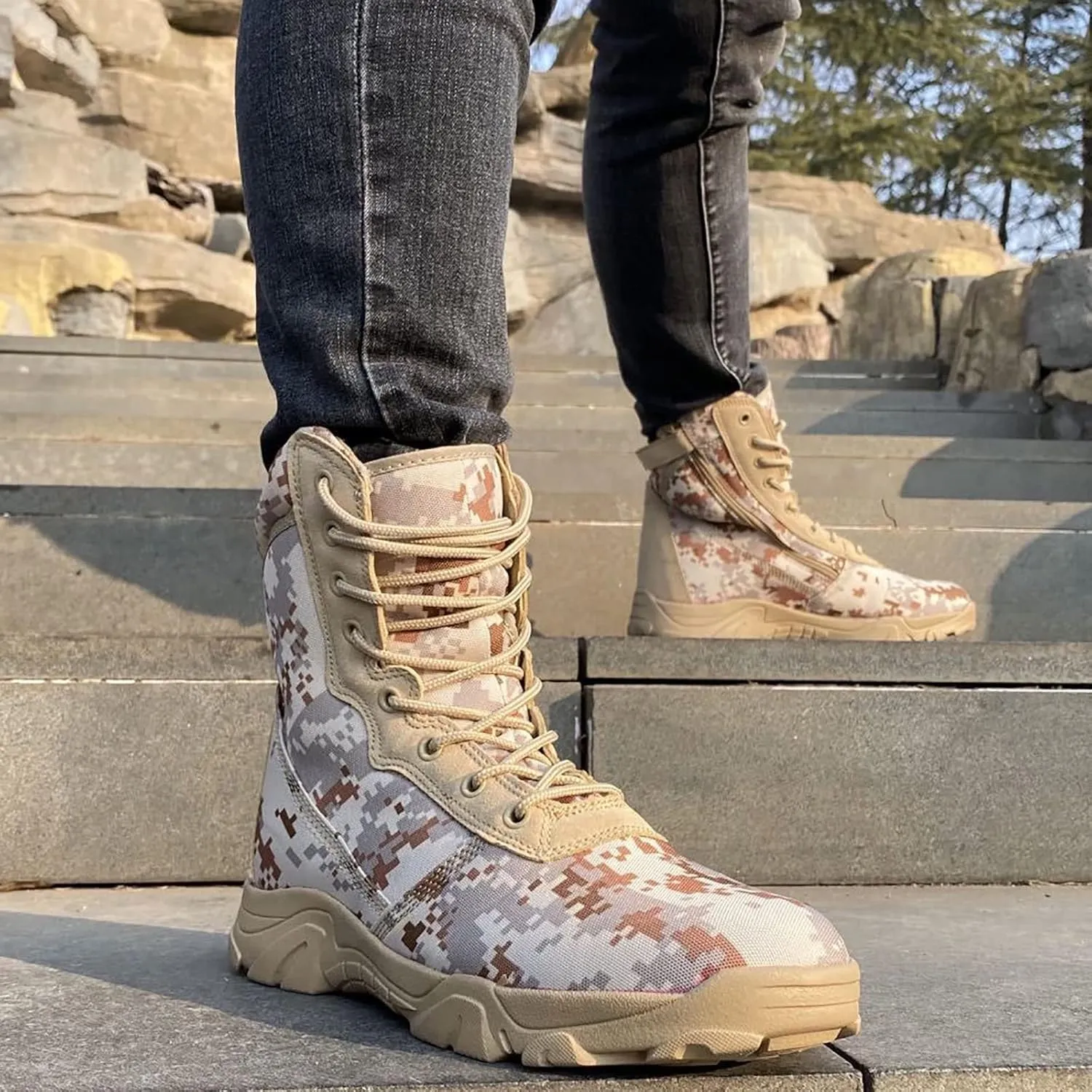 Men's Outdoor High-top Hiking Tactical Boots, Lightweight Abrasion-resistant Military Work Shoes, Breathable Soft and Comfortable Durable Work Boots