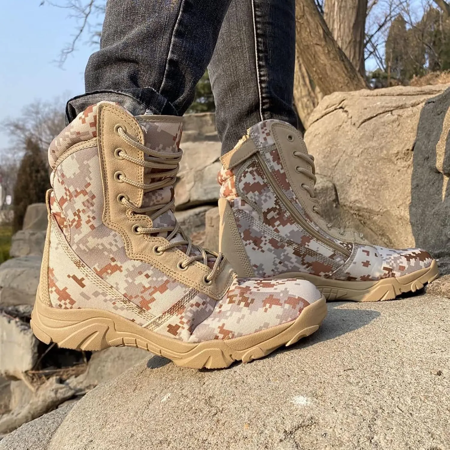 Men's Outdoor High-top Hiking Tactical Boots, Lightweight Abrasion-resistant Military Work Shoes, Breathable Soft and Comfortable Durable Work Boots