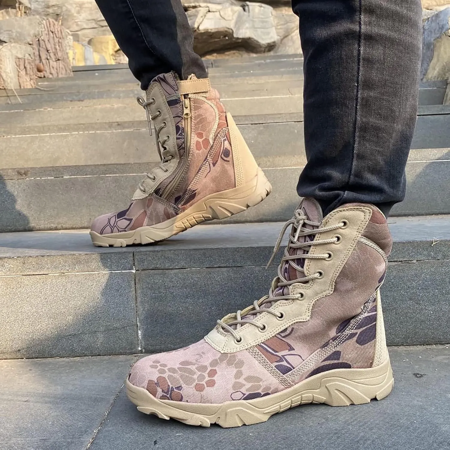 Men's Outdoor High-top Hiking Tactical Boots, Lightweight Abrasion-resistant Military Work Shoes, Breathable Soft and Comfortable Durable Work Boots