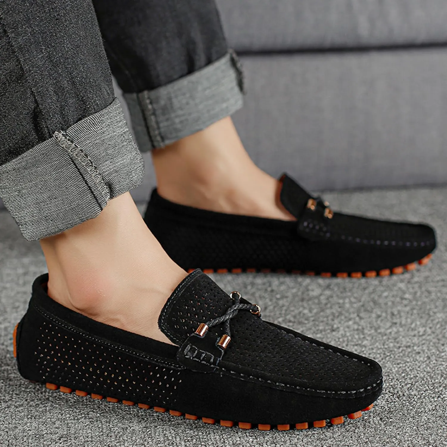 Men's Penny Loafers Suede Driving Moccasins Perforated Slip-On Loafers with Orange Sole Flats Boat Shoes