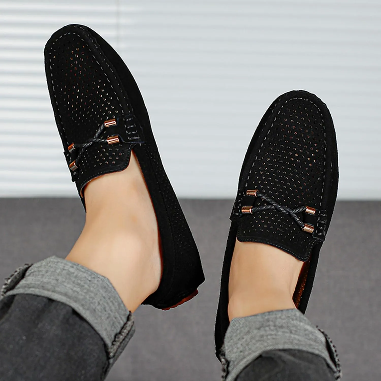 Men's Penny Loafers Suede Driving Moccasins Perforated Slip-On Loafers with Orange Sole Flats Boat Shoes