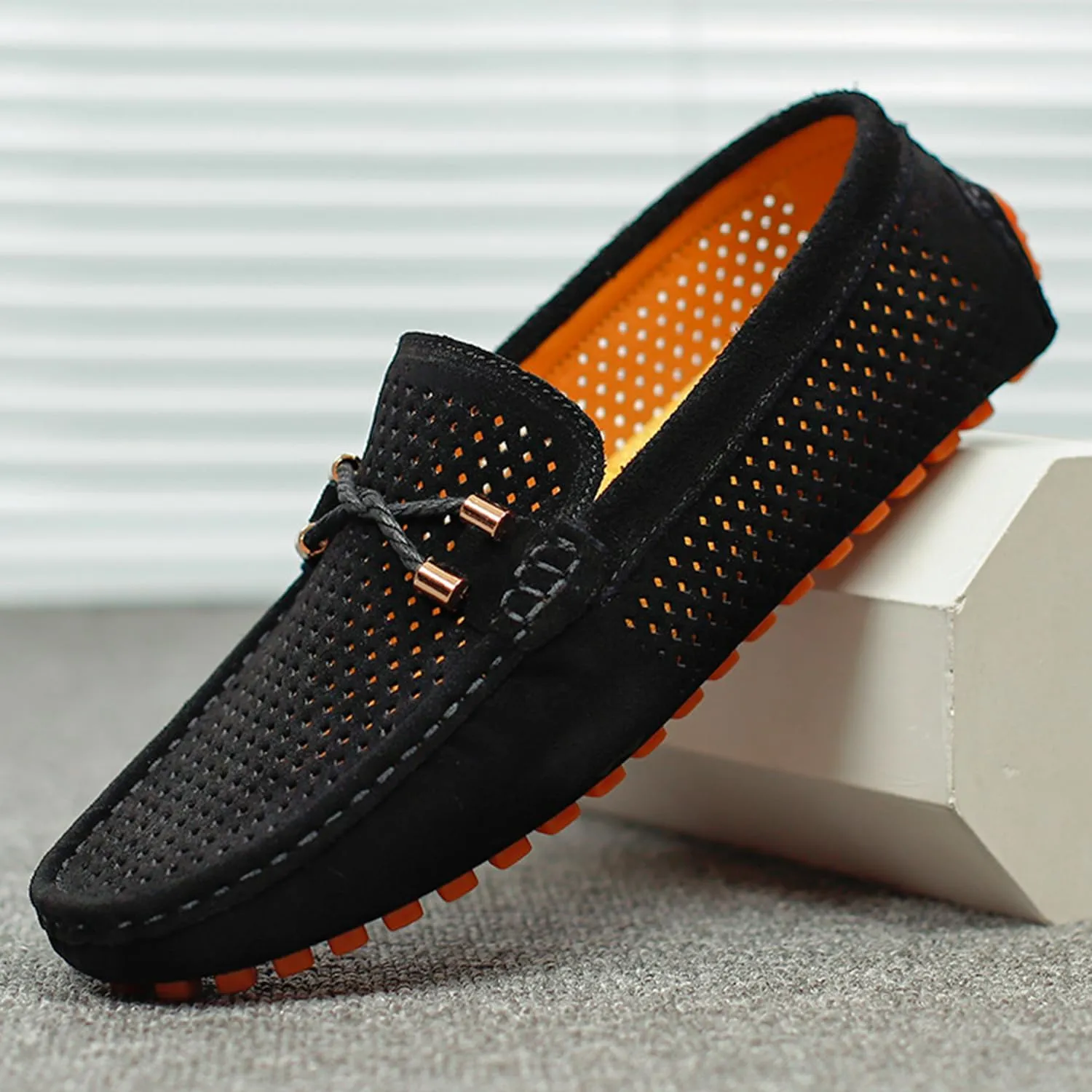 Men's Penny Loafers Suede Driving Moccasins Perforated Slip-On Loafers with Orange Sole Flats Boat Shoes