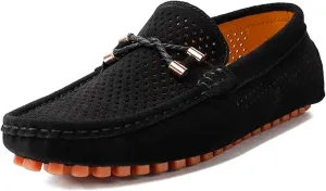 Men's Penny Loafers Suede Driving Moccasins Perforated Slip-On Loafers with Orange Sole Flats Boat Shoes