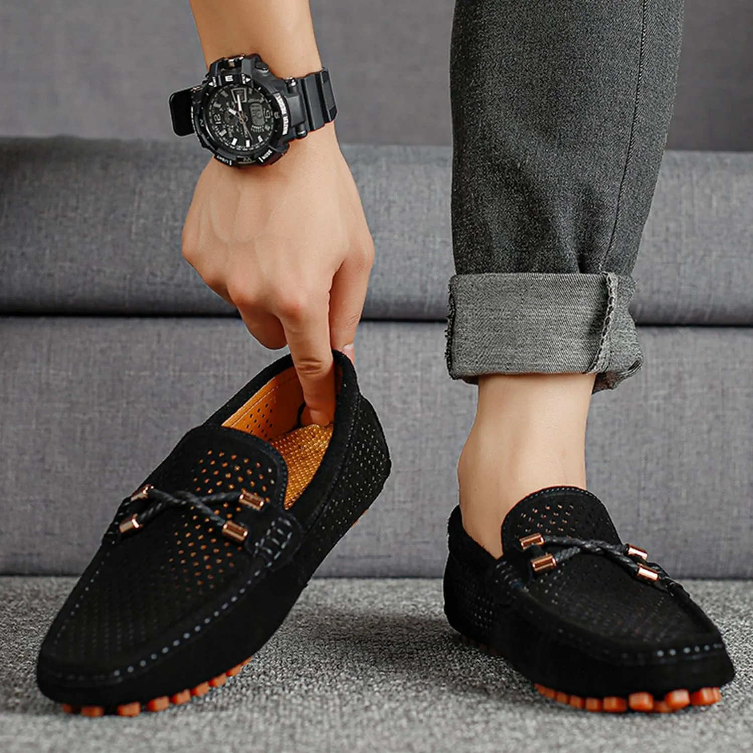 Men's Penny Loafers Suede Driving Moccasins Perforated Slip-On Loafers with Orange Sole Flats Boat Shoes