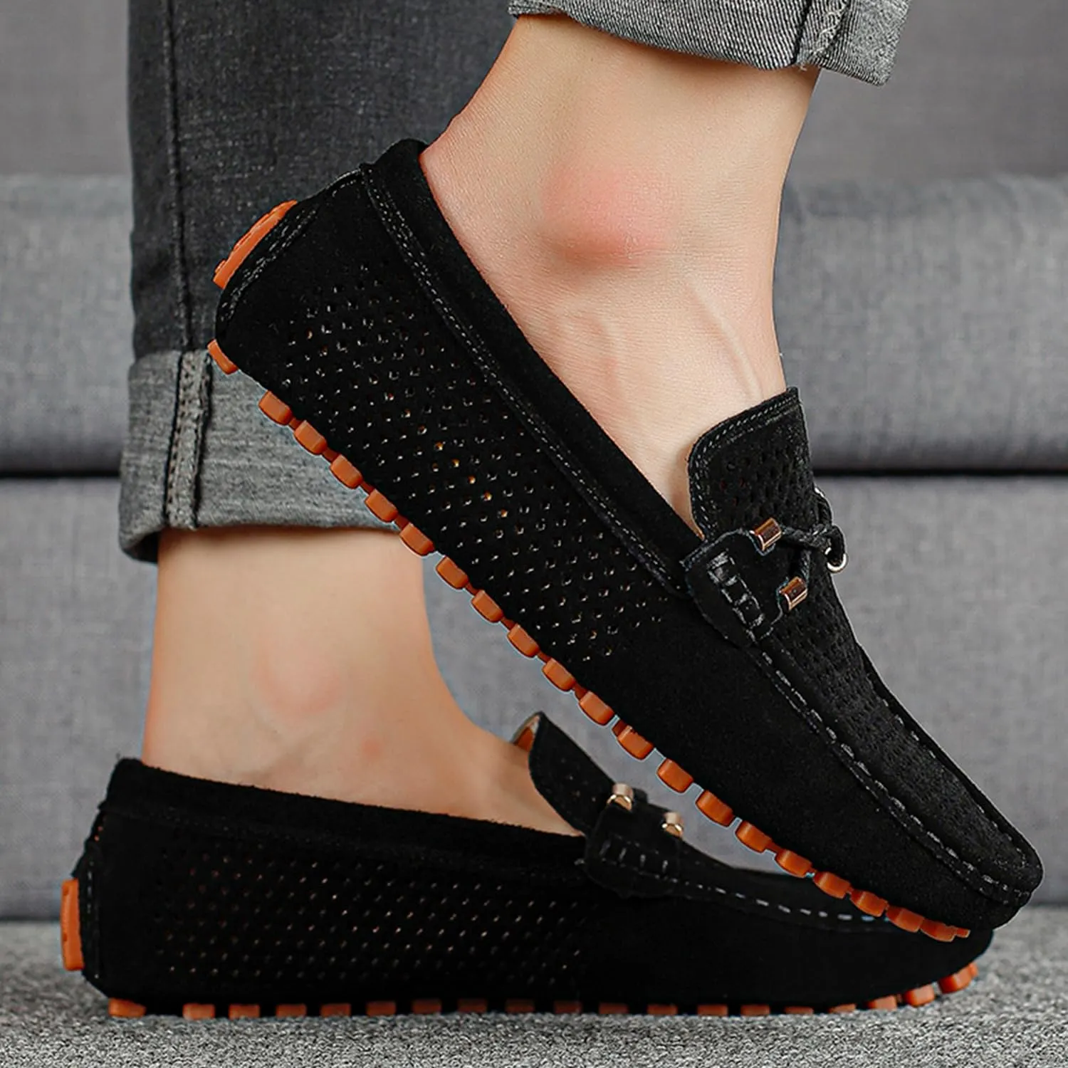 Men's Penny Loafers Suede Driving Moccasins Perforated Slip-On Loafers with Orange Sole Flats Boat Shoes