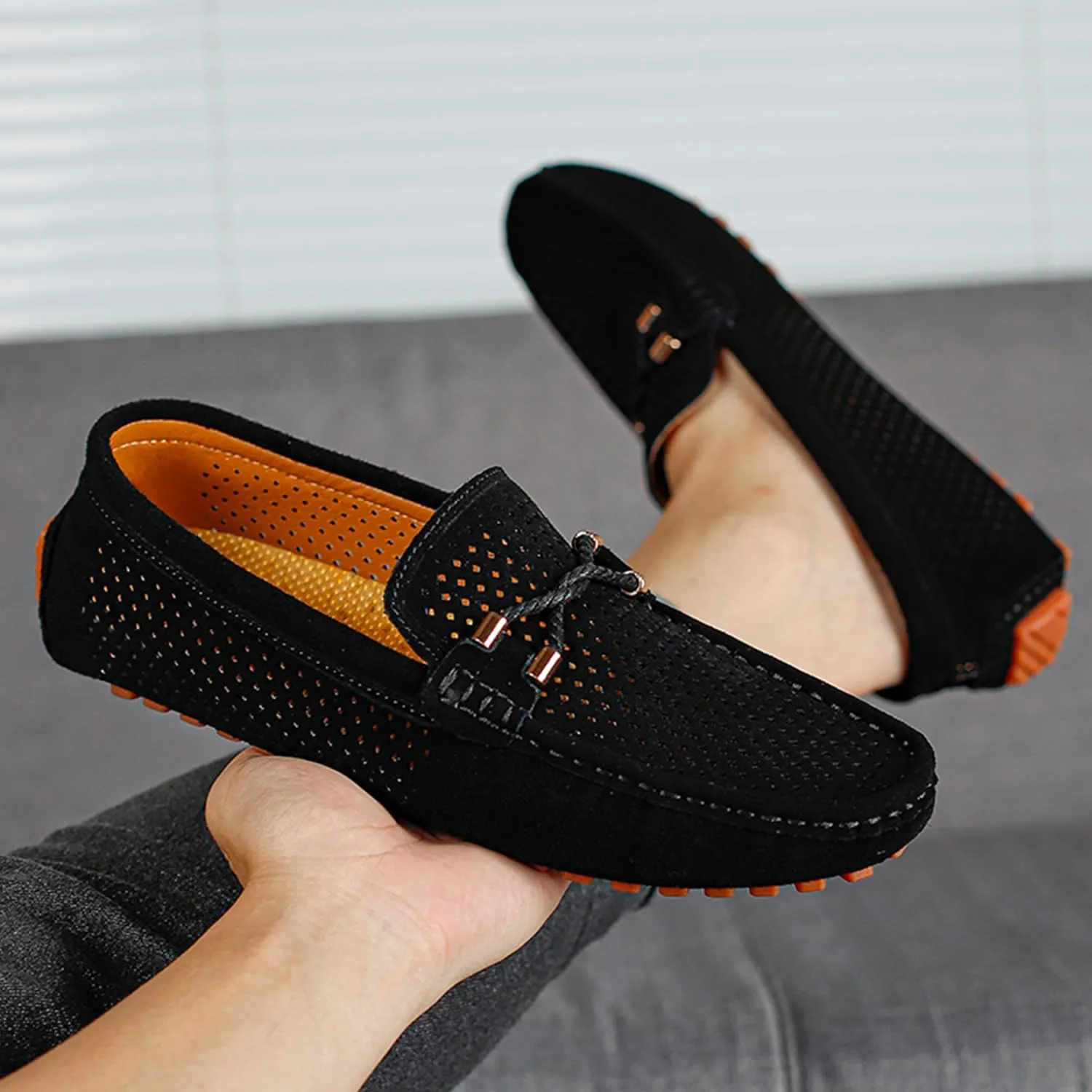 Men's Penny Loafers Suede Driving Moccasins Perforated Slip-On Loafers with Orange Sole Flats Boat Shoes