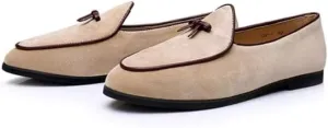 Men's Suede Leather Slippers Loafers Slip on Bowtie Belgian Dress Shoes