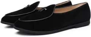 Men's Suede Leather Slippers Loafers Slip on Bowtie Belgian Dress Shoes