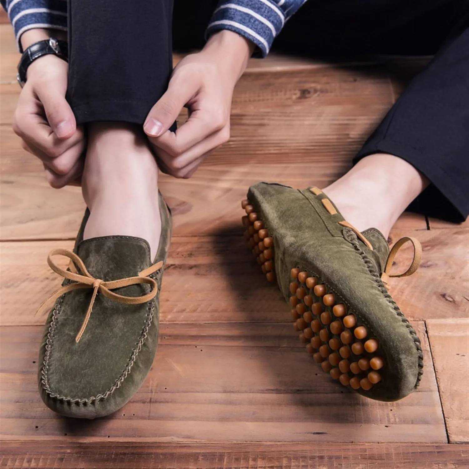 Men's Suede Loafers ?C Round Toe PU Leather Moccasins, Flexible Flat Heel, Anti-Slip Boat Shoes, Comfortable Slip-Ons for Party & Casual Wear
