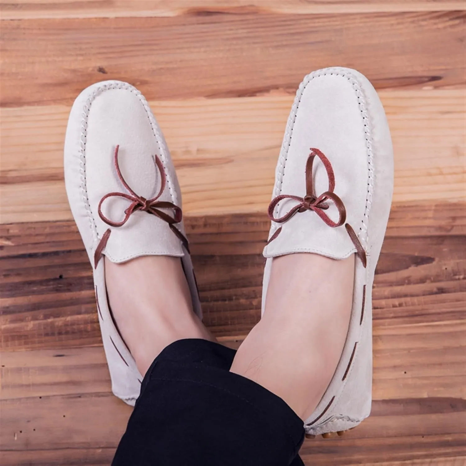 Men's Suede Loafers ?C Round Toe PU Leather Moccasins, Flexible Flat Heel, Anti-Slip Boat Shoes, Comfortable Slip-Ons for Party & Casual Wear