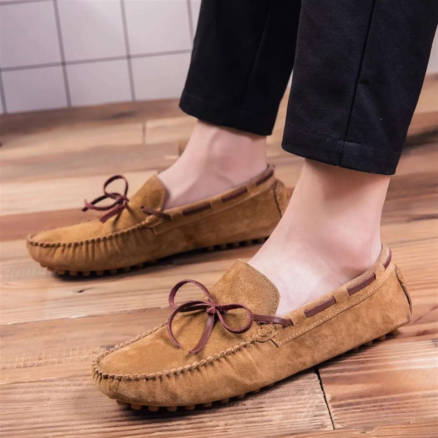 Men's Suede Loafers ?C Round Toe PU Leather Moccasins, Flexible Flat Heel, Anti-Slip Boat Shoes, Comfortable Slip-Ons for Party & Casual Wear