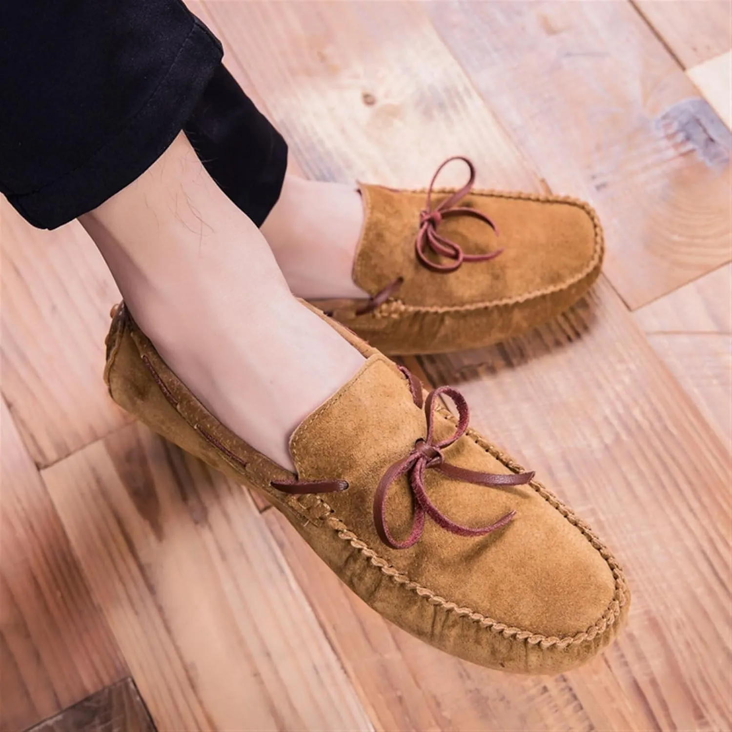 Men's Suede Loafers ?C Round Toe PU Leather Moccasins, Flexible Flat Heel, Anti-Slip Boat Shoes, Comfortable Slip-Ons for Party & Casual Wear