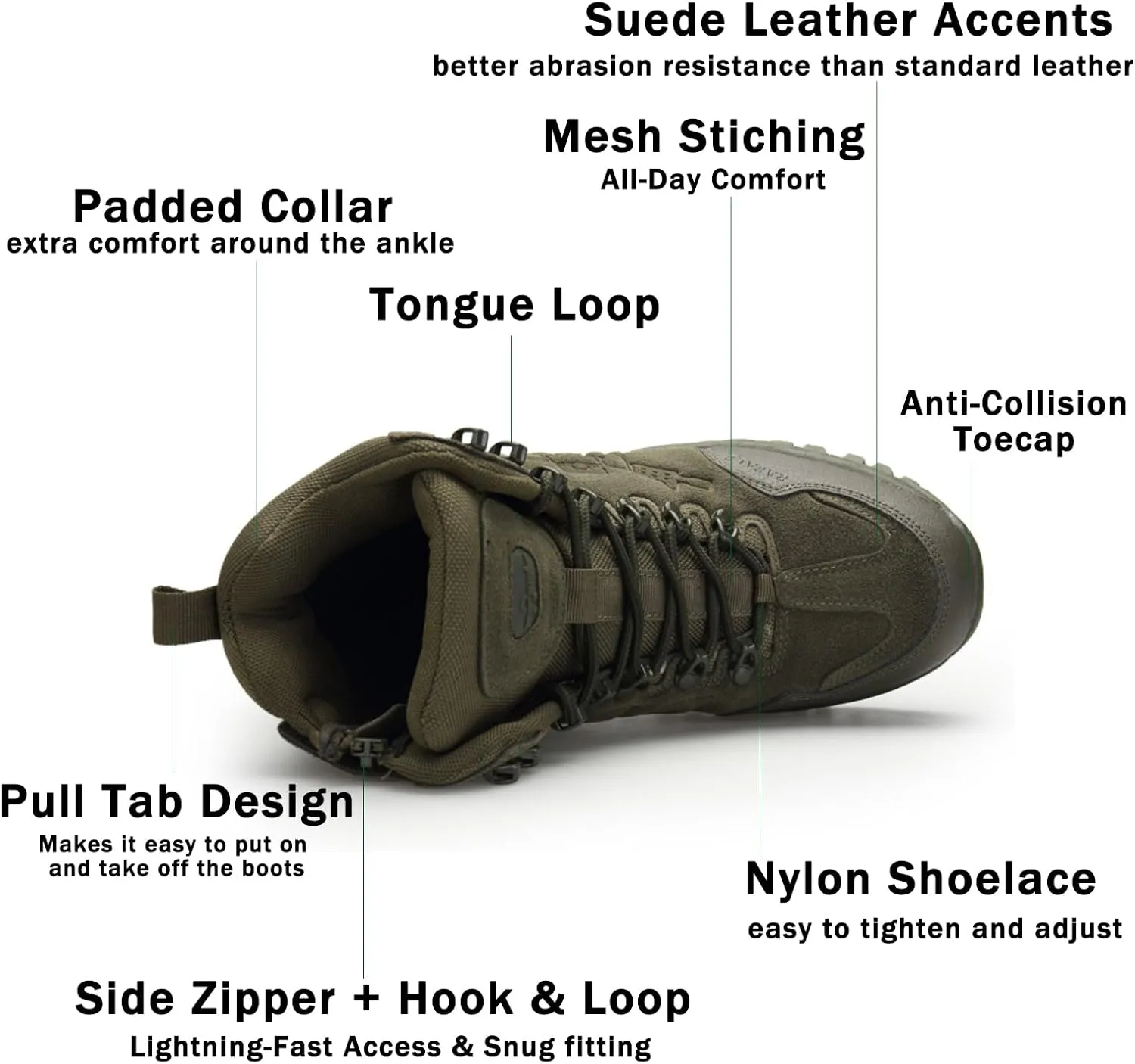 Men's Tactical Ankle Boots: Side Zipper Military Work Boots, Hook & Loop Closure