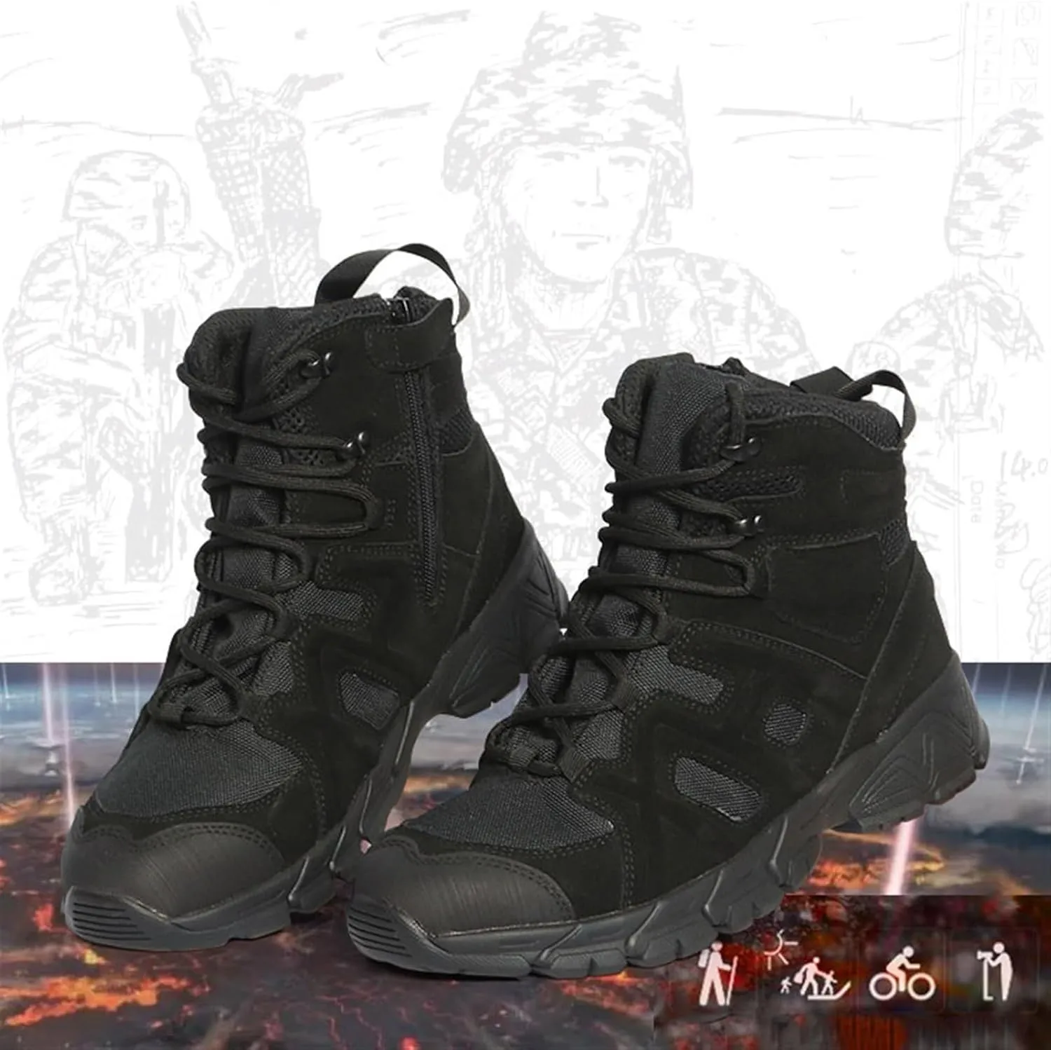 Men's Waterproof Hiking Boots, Mens Side Zip Lace Up Mid-Top Combat Tactical Boots, Non Slip Lightweight Durable Breathable Patrol Boots, for Work, Security, Motorcycle
