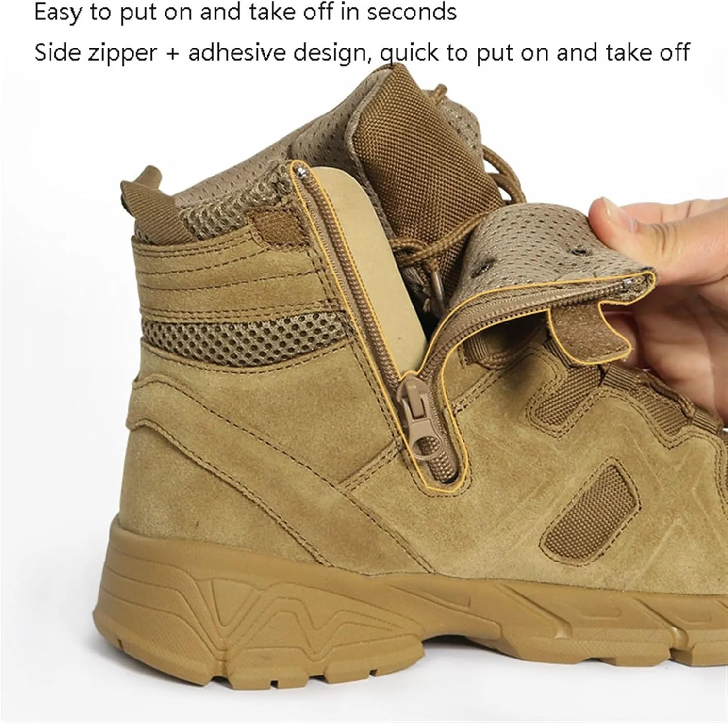 Men's Waterproof Hiking Boots, Mens Side Zip Lace Up Mid-Top Combat Tactical Boots, Non Slip Lightweight Durable Breathable Patrol Boots, for Work, Security, Motorcycle
