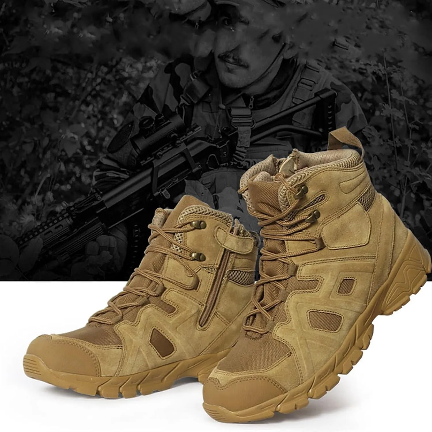 Men's Waterproof Hiking Boots, Mens Side Zip Lace Up Mid-Top Combat Tactical Boots, Non Slip Lightweight Durable Breathable Patrol Boots, for Work, Security, Motorcycle