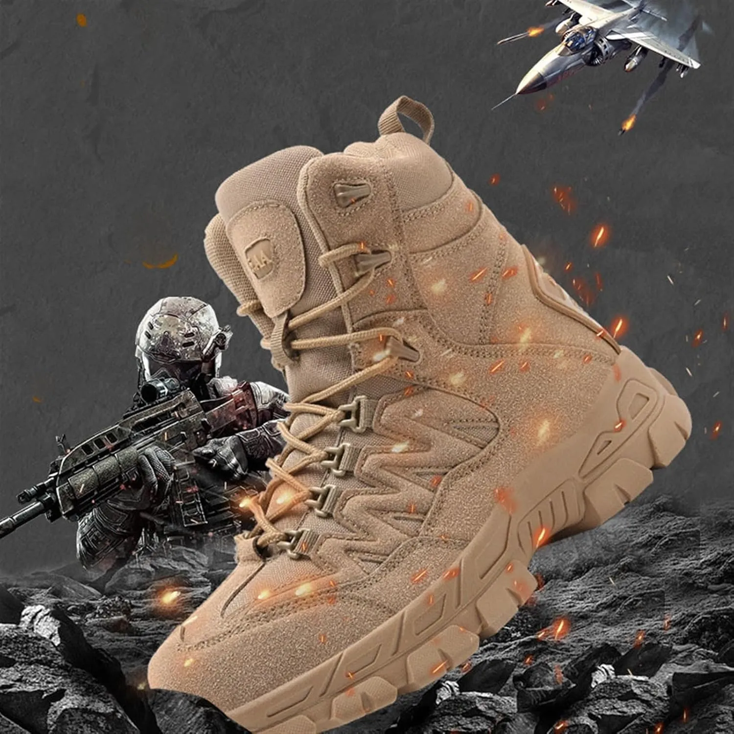 Mens Waterproof Hiking Military Tactical Boots, Mens Outdoor Army High Top Combat Tactical Patrol Boots with Side Zip, Lace Up Breathable Fashion Round Toe Desert Boots