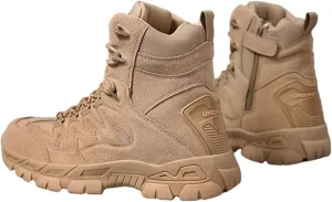 Mens Waterproof Hiking Military Tactical Boots, Mens Outdoor Army High Top Combat Tactical Patrol Boots with Side Zip, Lace Up Breathable Fashion Round Toe Desert Boots