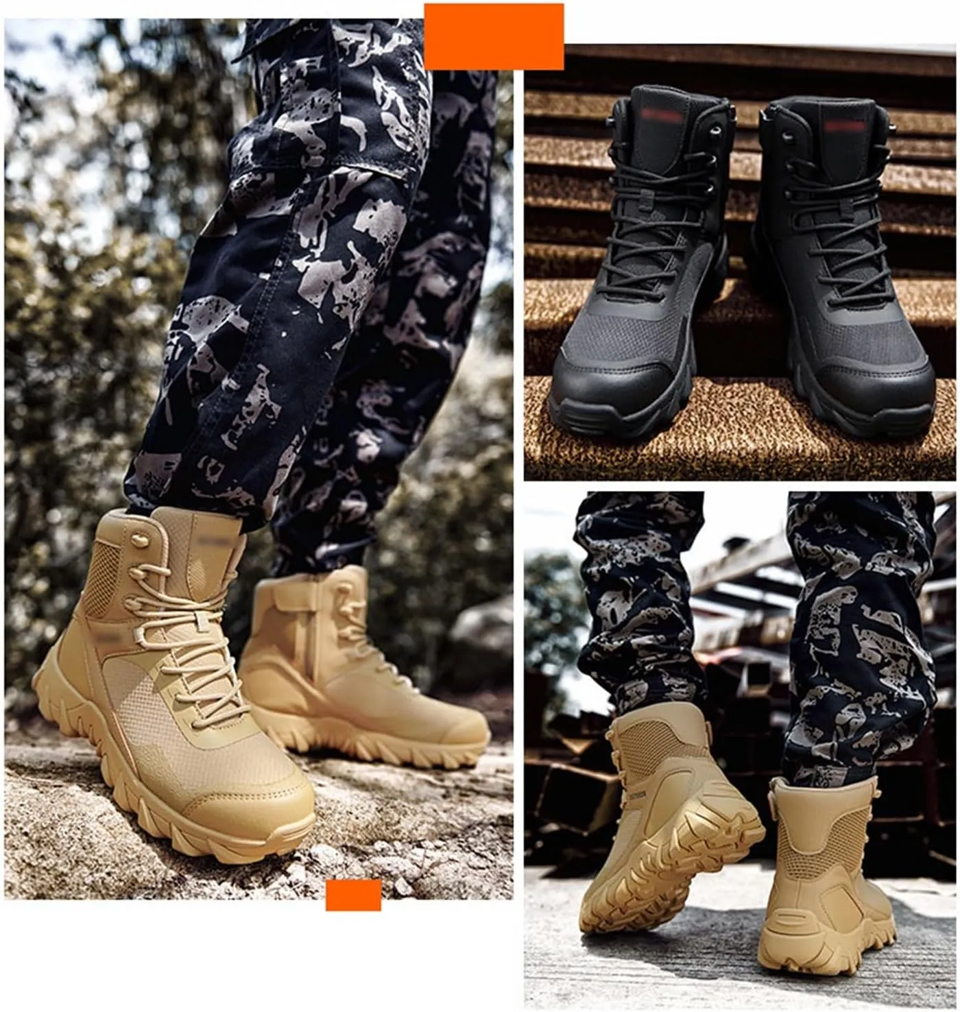 Men's Waterproof Non Slip Breathable Hiking Boots, Mens Plus Size High Top Lace Up Side Zipper Military Tactical Boots, Casual Fashion Round Toe Combat Boots, for Work, Security