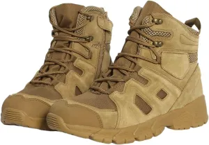Men's Waterproof Tactical Boots, Mens Mid Top Side Zipper Lace Up Anti Collision Tactical Boots, Tactical Safety Breathable Desert Boots, for Tactical, Hiking, Motorcycle, Climbing
