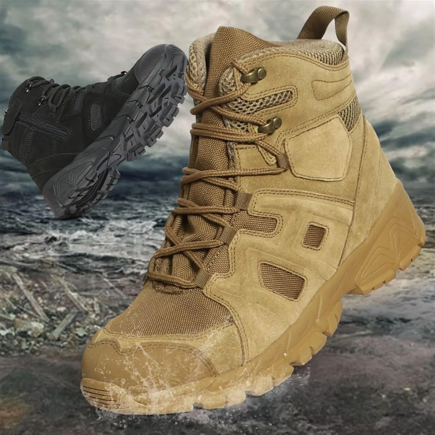 Men's Waterproof Tactical Boots, Mens Mid Top Side Zipper Lace Up Anti Collision Tactical Boots, Tactical Safety Breathable Desert Boots, for Tactical, Hiking, Motorcycle, Climbing
