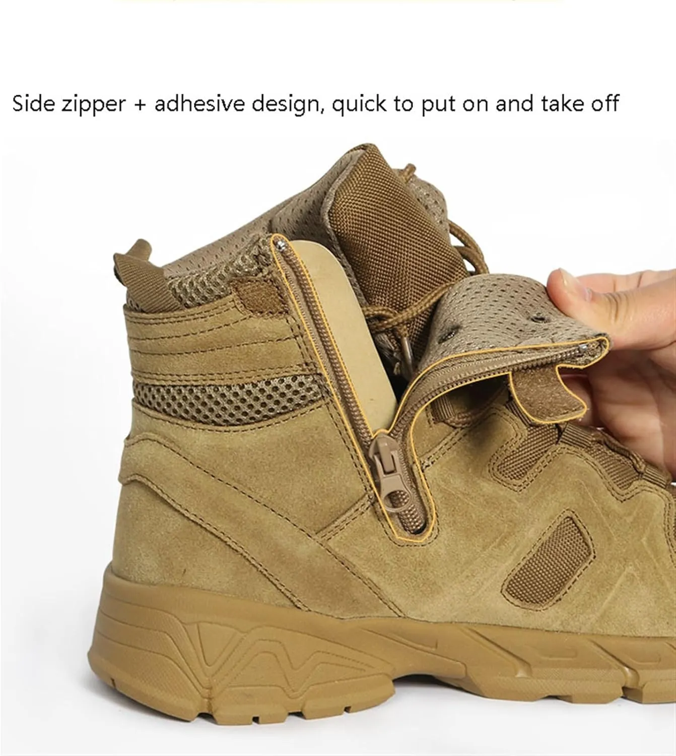 Men's Waterproof Tactical Boots, Mens Mid Top Side Zipper Lace Up Anti Collision Tactical Boots, Tactical Safety Breathable Desert Boots, for Tactical, Hiking, Motorcycle, Climbing